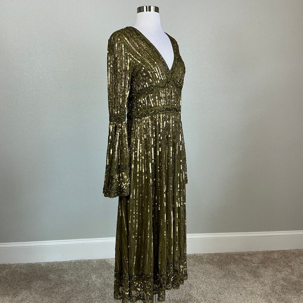 Mac Duggal 5591 Green Cocktail Dress Sequined Long Sleeve A-Line Midi Size 10 - Picture 3 of 13